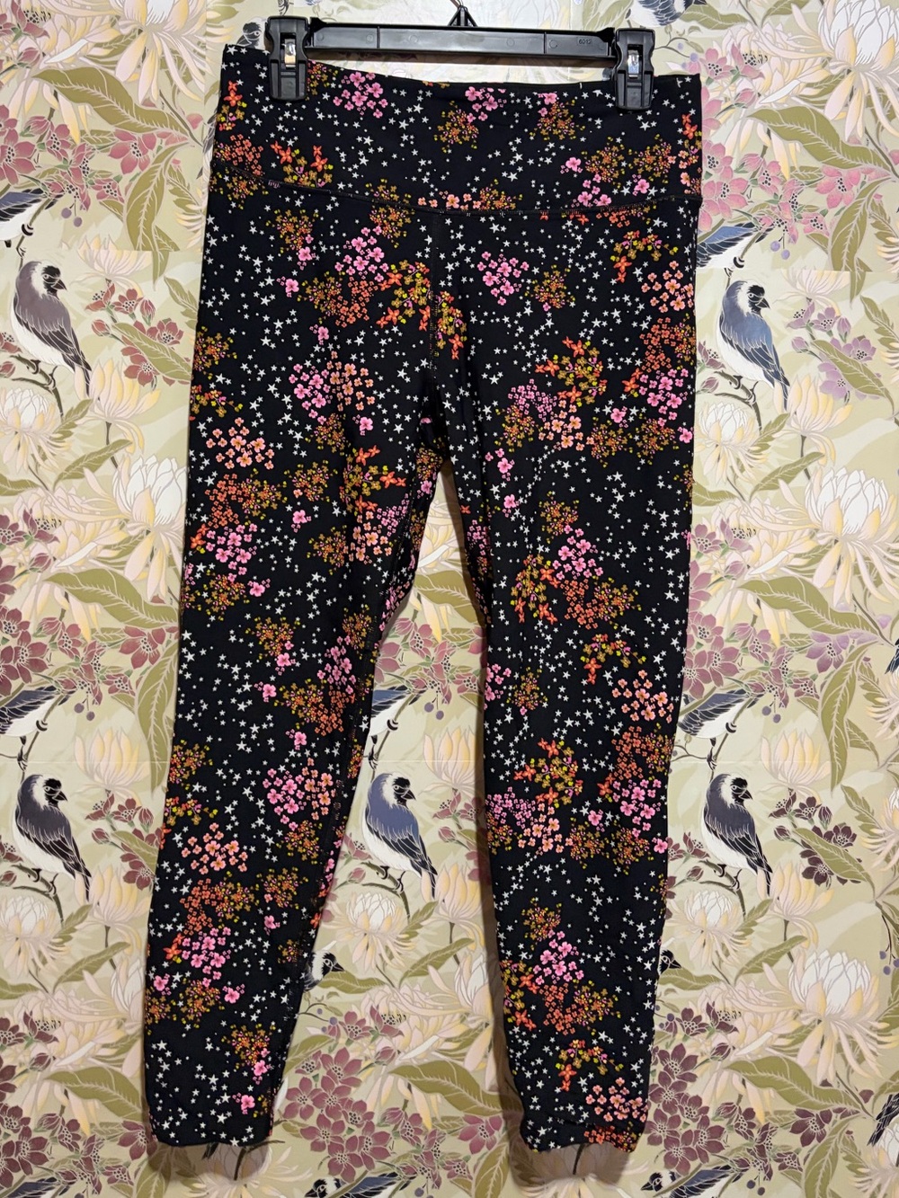 Black Floral-Print High-Rise Leggings with Pink & Orange Blooms